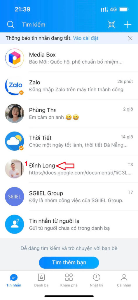 Cách gởi danh thiếp Zalo trực tiếp tại khung chat trên điện thoại