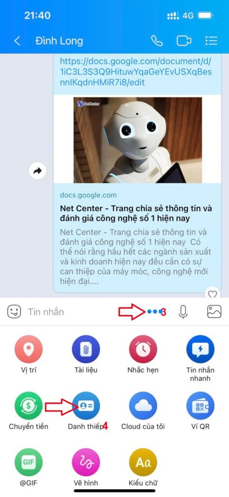 Cách gởi danh thiếp trên Zalo trực tiếp tại khung chat trên điện thoại