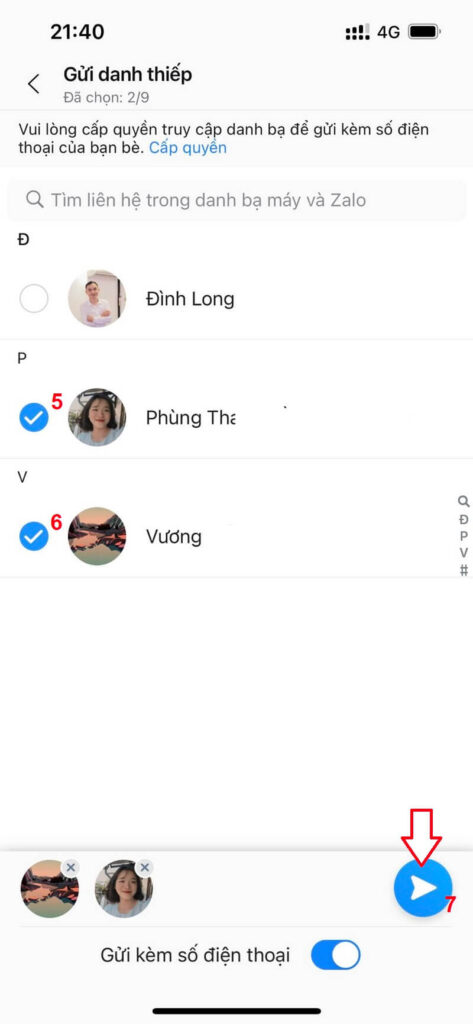 Cách gởi danh thiếp trong Zalo trực tiếp tại khung chat trên điện thoại