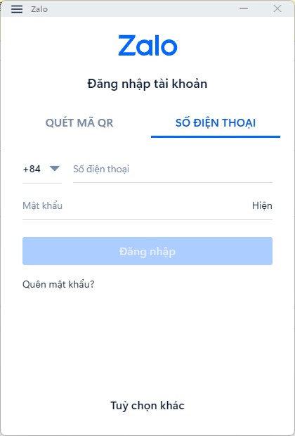 Đăng nhập Zalo trên máy tính bằng số điện thoại và mật khẩu