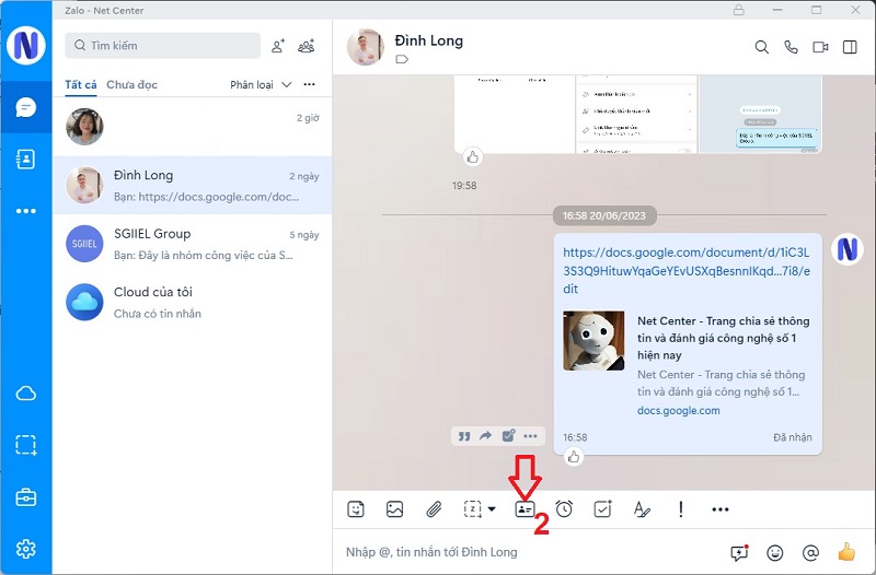 Cách gửi danh thiếp trong Zalo trực tiếp ở khung chat trên máy tính