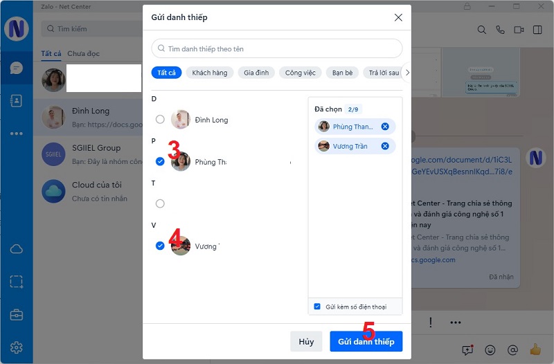 Hướng dẫn gửi danh thiếp Zalo trực tiếp ở khung chat trên máy tính