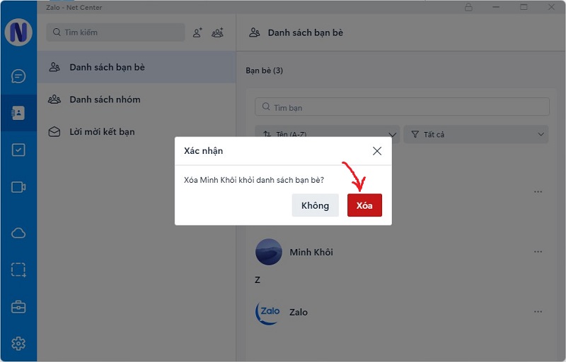 Xác nhận xóa bạn trên Zalo bằng máy tính