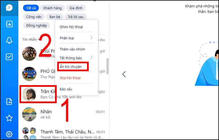Cách ẩn tin nhắn Zalo trên máy tính